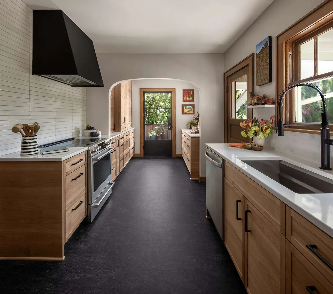 Craftsman kitchen with stained wood cabinets and a range hood, Fairmount Hills, Salem